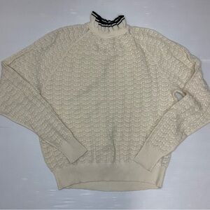 MAJE Pointelle Knit Ruffle Collar Sweater Cream With Black Stripe Size US S FR 1